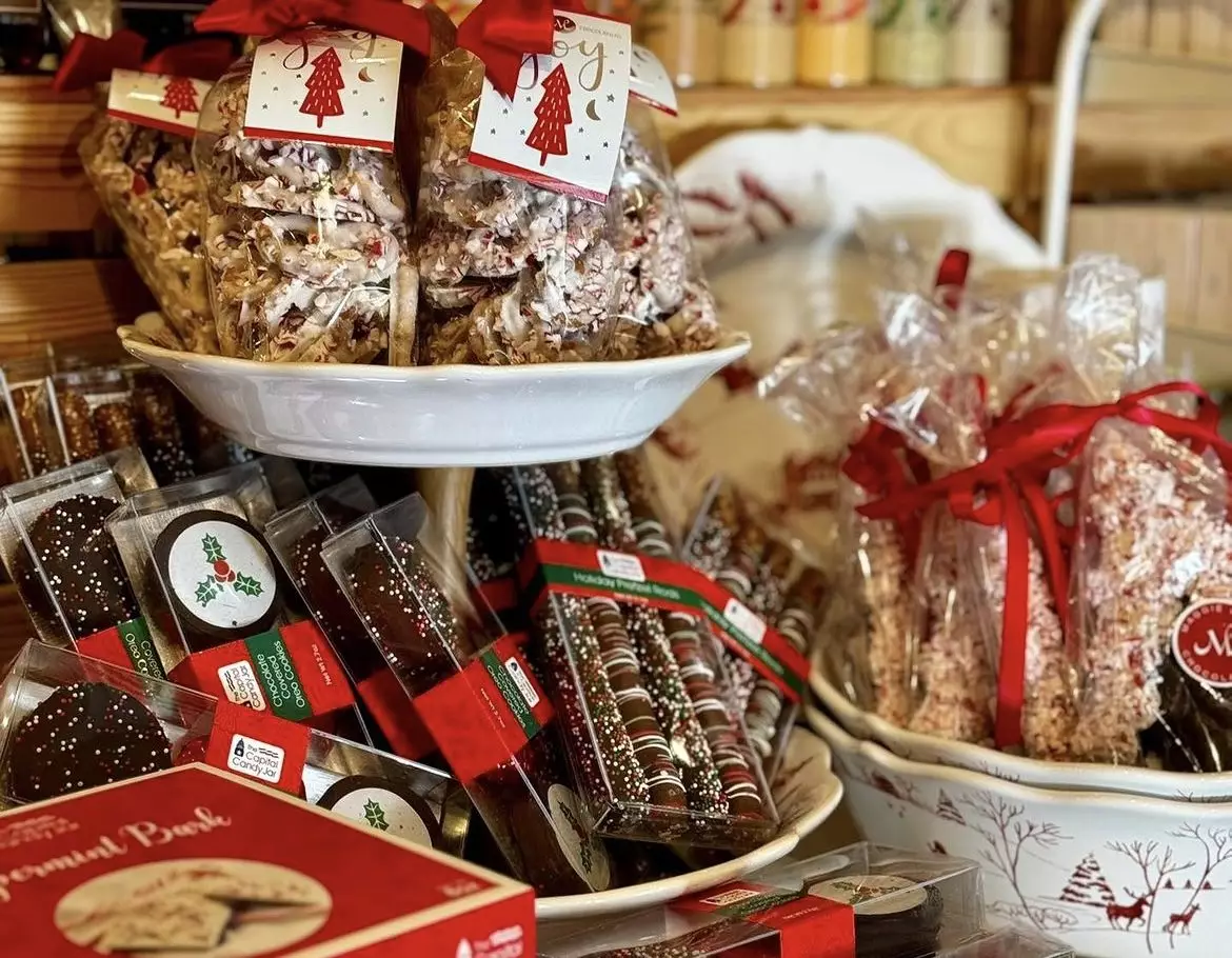 Chocolate covered pretzels and other holiday treats on display.